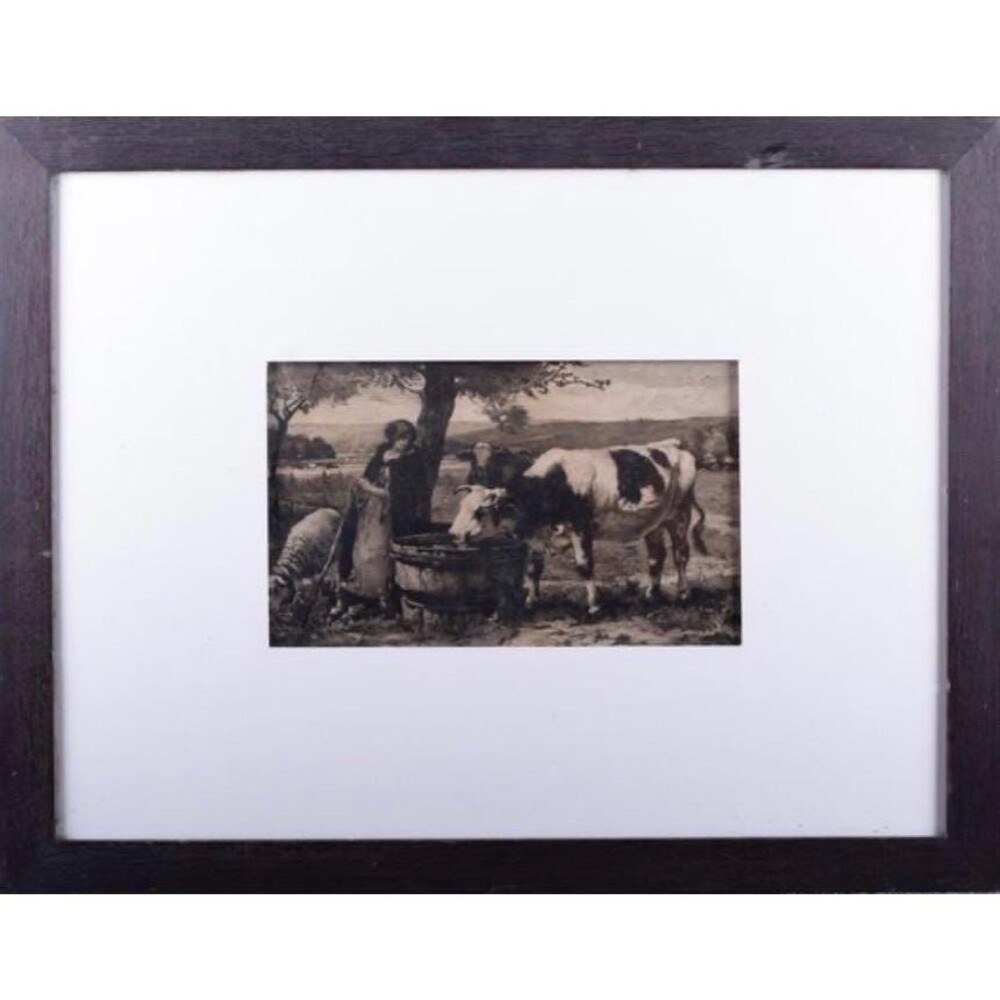 Antique 1886 French Julien Dupré Framed Pastoral Print Engraving w 1916 NY Times